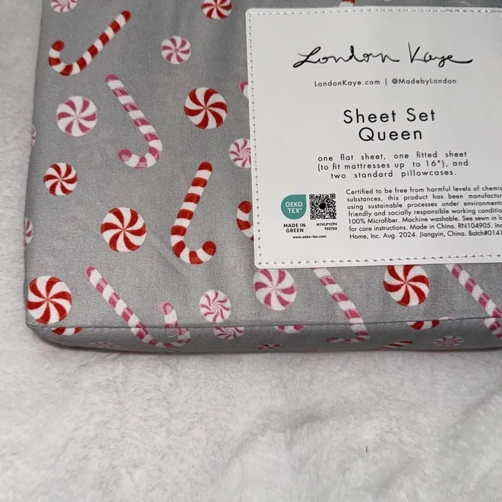 London Kaye Christmas candy cane Queen Sheet Set